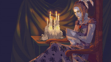 Картинка фэнтези девушки стул стол свечи открытая книга перья взгляд прическа арт платье женщина
