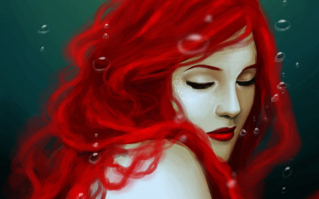 Картинка фэнтези русалки пузырьки вода плечи красные волосы русалка закрытые глаза