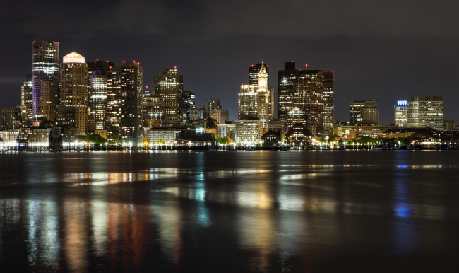 Обои картинки фото города, бостон , сша, бостон, ночью, ночные, огни, река, город