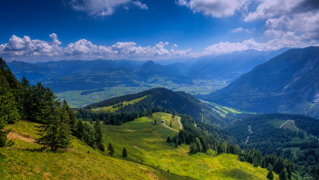 Обои картинки фото природа, пейзажи, альпы, берхтесгаден, деревья, немецкие, дороги, домики, бавария, холмы, горы, пейзаж, облака, небо, германия
