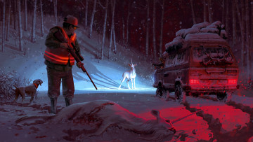 Картинка фэнтези единороги единорог охотник собака фургон лес ночь винтовка свет фар деревья снег зима холод очки кепка жилет мороз оптический прицел водитель
