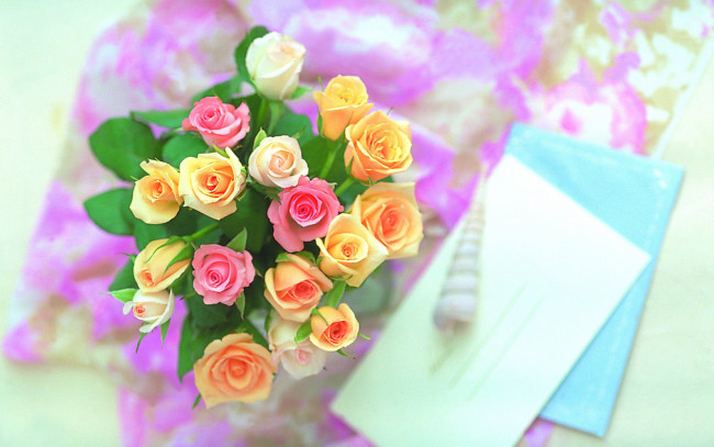 Обои картинки фото цветы, розы, букет, конверт