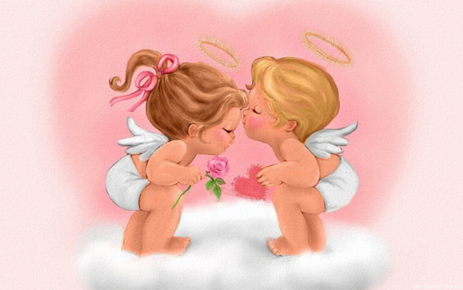 Обои картинки фото рисованное, праздники, ангелы, поцелуй, цветок, сердечко
