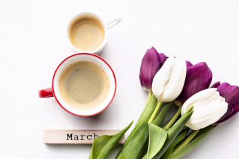 обоя праздничные, международный женский день - 8 марта, чашки, кофе, тюльпаны