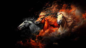 Картинка рисованное животные +лоси horses three black background три лошади красивое создание природы