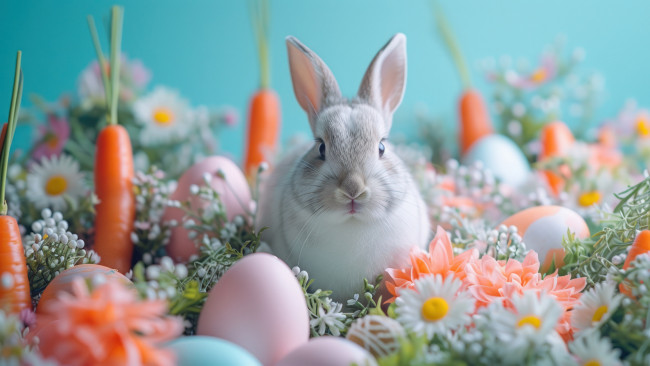 Обои картинки фото праздничные, пасха, яйца, кролик, морковь