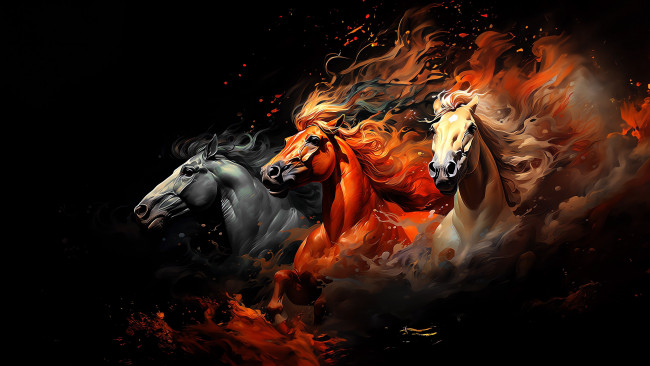 Обои картинки фото рисованное, животные,  лоси, horses, three, black, background, три, лошади, красивое, создание, природы