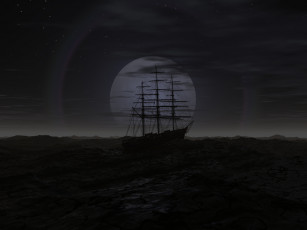 Картинка 3д графика sea undersea море ночь луна парусник