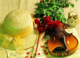 обоя музыка, музыкальные, инструменты, скрипка, шляпка, розы, будильник