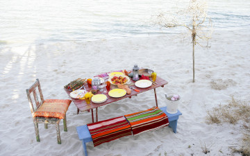 обоя еда, сервировка, стол, пляж