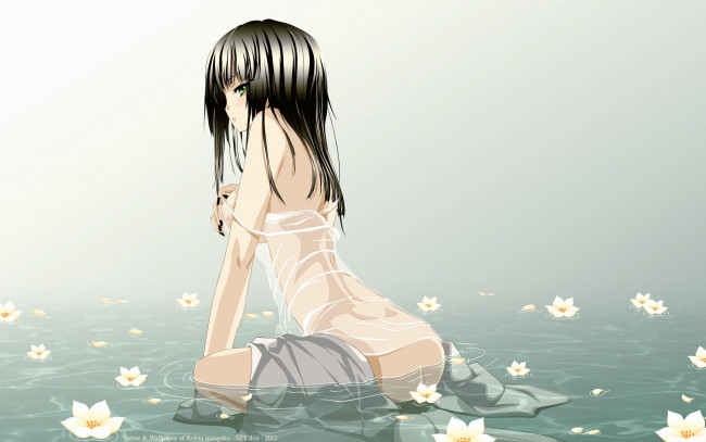 Обои картинки фото аниме, *unknown, другое, вода, смотрит, девушка, лилии, cilou, refeia