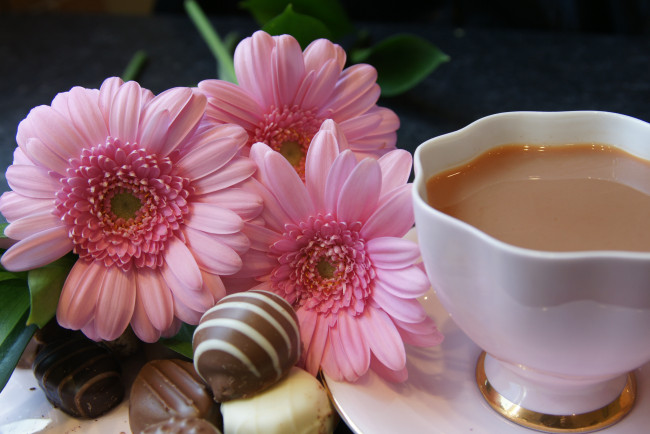 Обои картинки фото еда, напитки, хельба, жёлтый, чай, конфеты, цветы, герберы