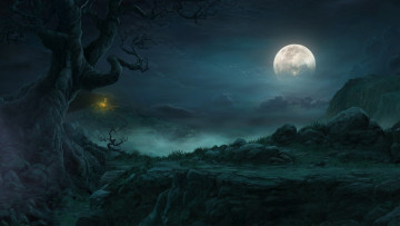 Картинка фэнтези пейзажи огонек деревья ночь луна лес туман
