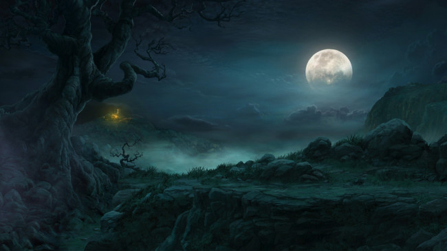 Обои картинки фото фэнтези, пейзажи, огонек, деревья, ночь, луна, лес, туман