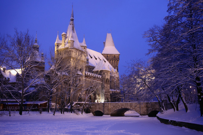 Обои картинки фото vajdahunyad, castle, budapest, hungary, города, будапешт, венгрия, снег, зима, замок