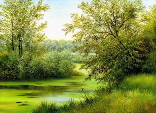 Картинка рисованные природа кусты трава река