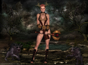 Картинка 3д+графика фантазия+ fantasy взгляд водоем девушка лес существа фон