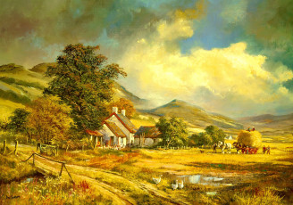 Картинка рисованное живопись мостик сено дом телега горы люди гуси деревья небо пейзаж