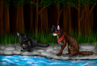 Картинка рисованное животные +коты кошки лес река