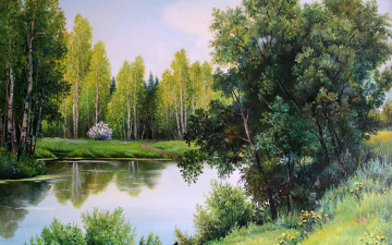 Картинка рисованное живопись gorbatenko полотно рисунок лес речка деревья берег лодка кусты пейзаж природа may greens