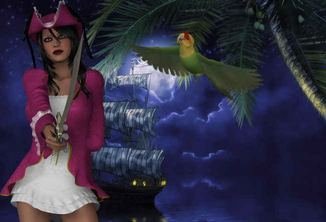 Обои картинки фото 3д графика, фантазия , fantasy, девушка, корсар, парусник, взгляд, фон, оружие, попугай, пальма, море
