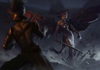 Картинка фэнтези ангелы девушка фон взгляд мужчина меч крылья