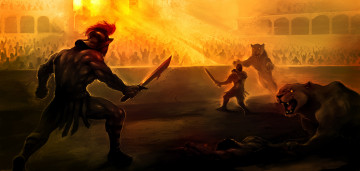 Картинка фэнтези люди сражение битва гладиатор животные львы арена
