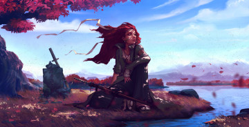 Картинка фэнтези девушки речка девушка сидит оружие мечи вечер