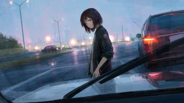 Картинка аниме город +улицы +здания девушка машины