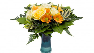 Картинка цветы букеты +композиции папоротник хризантемы розы