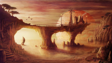 Картинка фэнтези иные+миры +иные+времена купол планета лестница мост река город