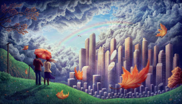 Картинка фэнтези иные+миры +иные+времена грёзы радуга облака будущее мир мечта небоскрёбы