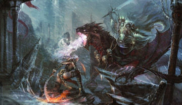 Картинка фэнтези драконы битва нападение дракон огонь чудище рыцарь девушка