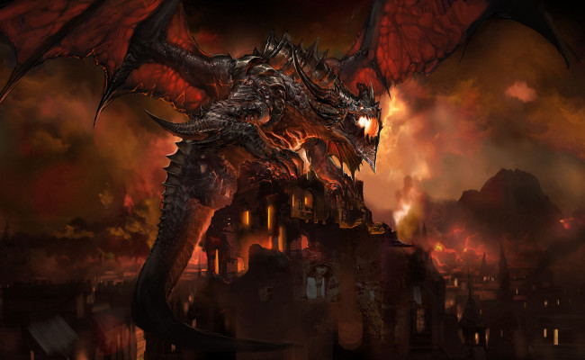 Обои картинки фото фэнтези, драконы, дракон, город, огонь, крылья, пламя