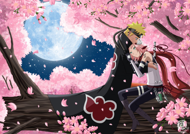 Обои картинки фото аниме, naruto, луна, цветение, плащ, любовь, бревно, сакура, наруто