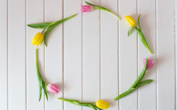 Картинка цветы тюльпаны fresh tender tulips розовые весна yellow spring flowers pink wood желтые