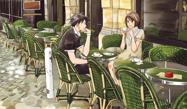 Обои картинки фото аниме, nodame cantabile, улица, кафе, пара, девушка, парень