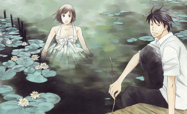 Обои картинки фото аниме, nodame cantabile, листья, цветы, девушка, парень, озеро