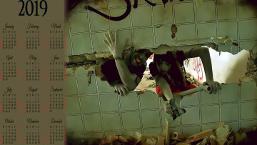 Картинка календари фэнтези девушка стена дыра зомби мужчина