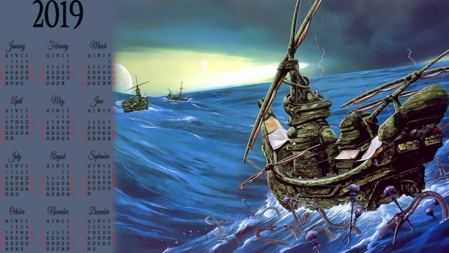 Обои картинки фото календари, фэнтези, существо, водоем, лодка