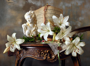 Картинка цветы лилии +лилейники ноты белые бюст