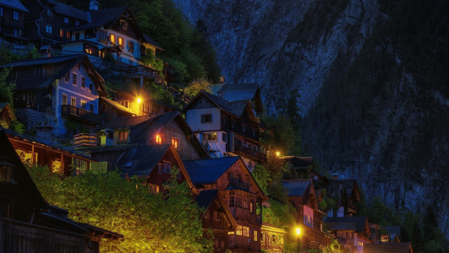 Обои картинки фото города, гальштат , австрия, горы, вечер, огни
