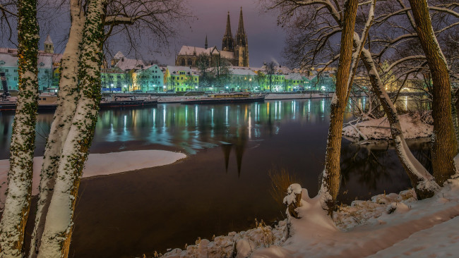 Обои картинки фото города, регенсбург , германия, река, зима, снег