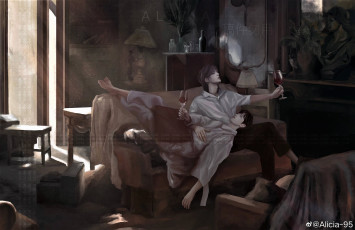 Картинка рисованное люди ван ибо сяо чжан бокалы вино диван комната
