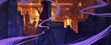 Картинка аниме город +улицы +интерьер +здания девушка трубка люди магазин дым