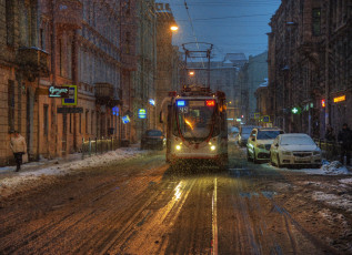 обоя города, санкт-петербург,  петергоф , россия, санкт, петербург, городской, вид, трамвай, автомобиль, улица, зима, нoчь