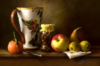 Картинка еда натюрморт яблоко мандарин груша лимон чашка оливки