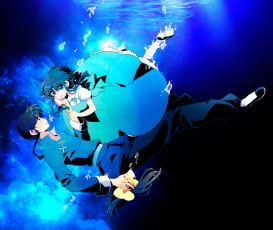 Картинка аниме ranma+1 девушка saotome ranma под водой падение парень tendou akane пузыри маска