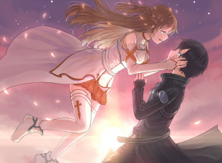 Картинка аниме sword+art+online двое парень kirito девушка yuuki asuna облака лепестки небо закат падение