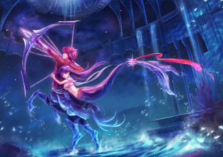 Картинка аниме -animals стрелы звезды ночь лук оружие кентавр парень девушка русалка вода